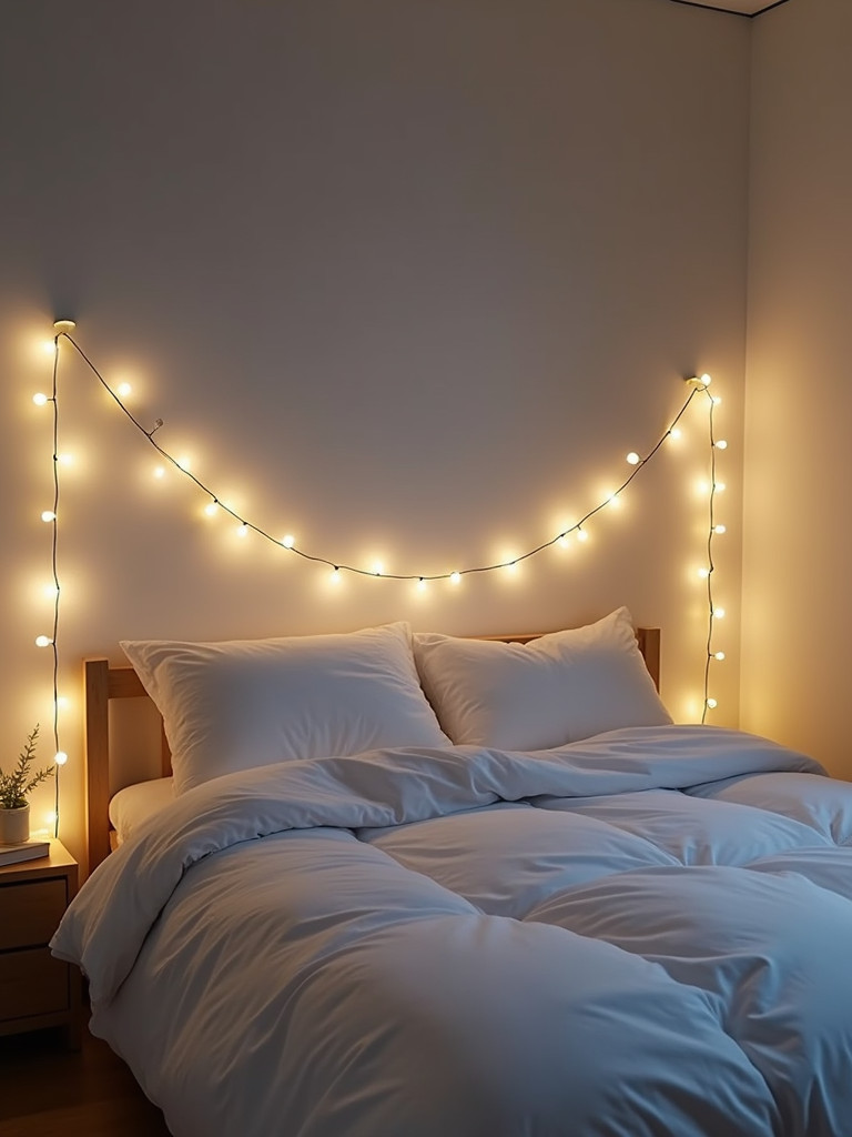 White string lights add a warm and cozy glow to a serene white bedroom