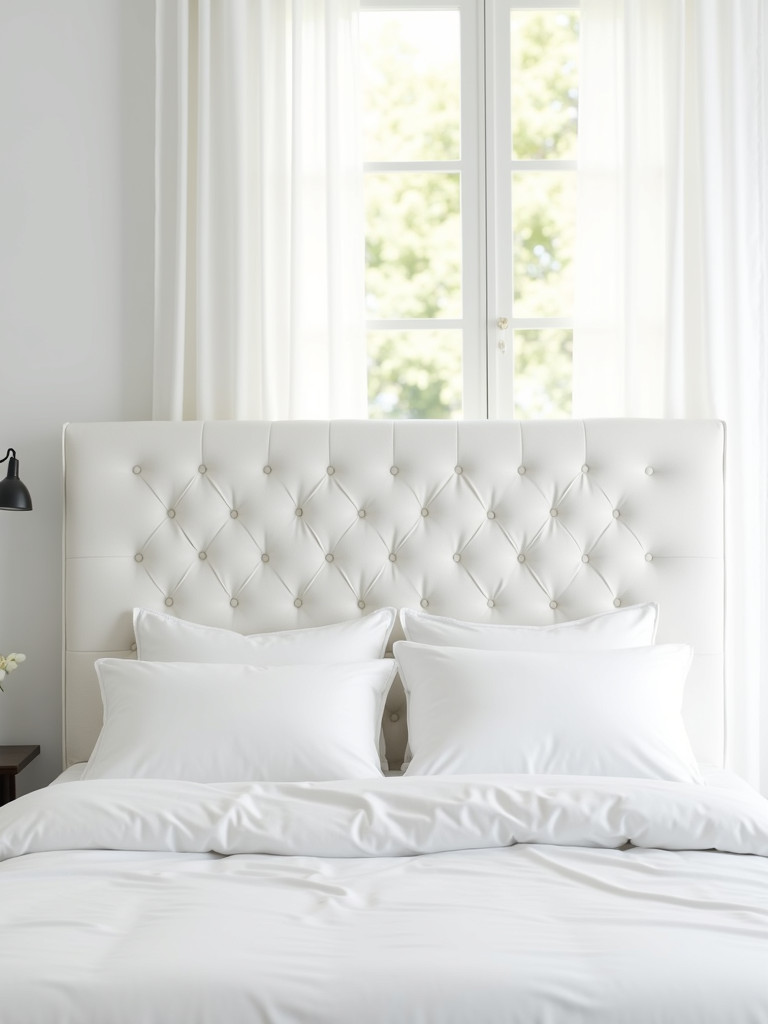 A white tufted headboard anchors a minimalist bedroom, bathed in soft natural light