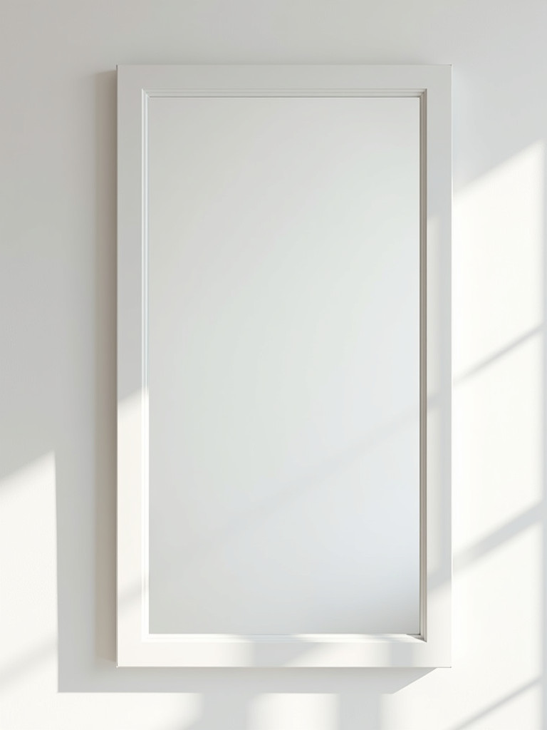 A white framed wall mirror enhances the brightness and sense of space in a minimalist bedroom