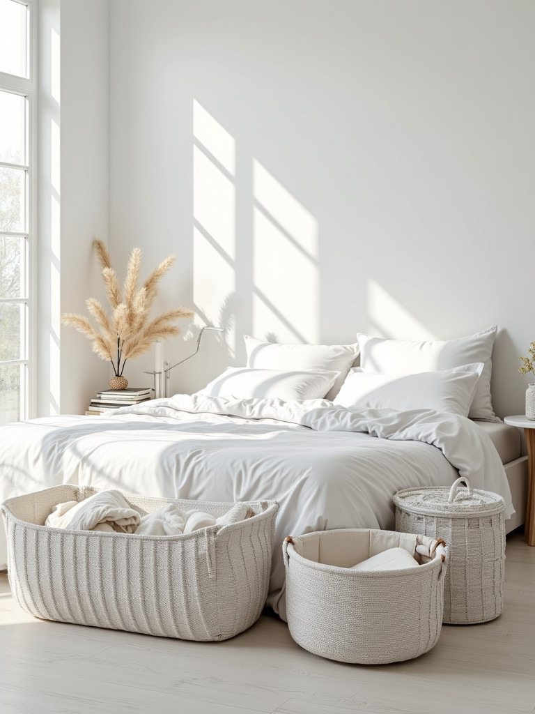 White woven baskets provide stylish storage solutions in a well-lit white bedroom
