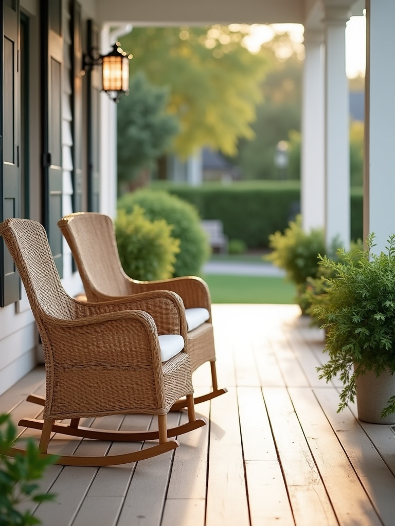 Two wicker rocking chairs on a back porch, illuminated by soft natural daylight.