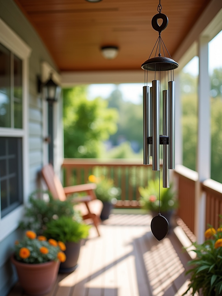 A metal wind chime hanging from a back porch ceiling in bright natural daylight.