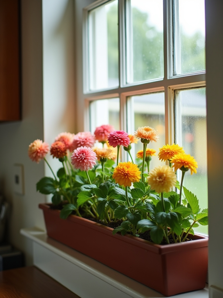 A window box with blooming flowers in a small cottage kitchen window with soft natural light.