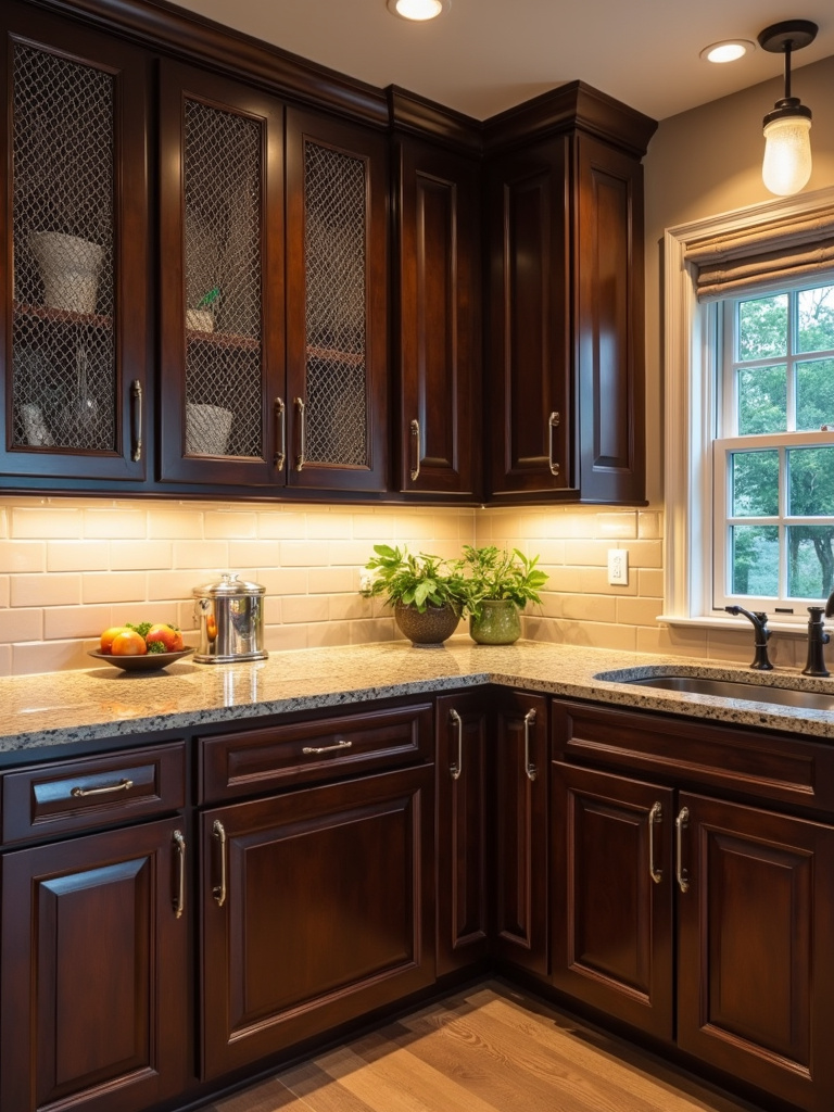 Kitchen with dark wood cabinets, rustic wire mesh inserts and soft overhead lighting.