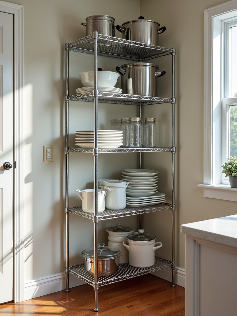 A wire shelving unit in a kitchen corner, holding various pots, pans, and kitchen items