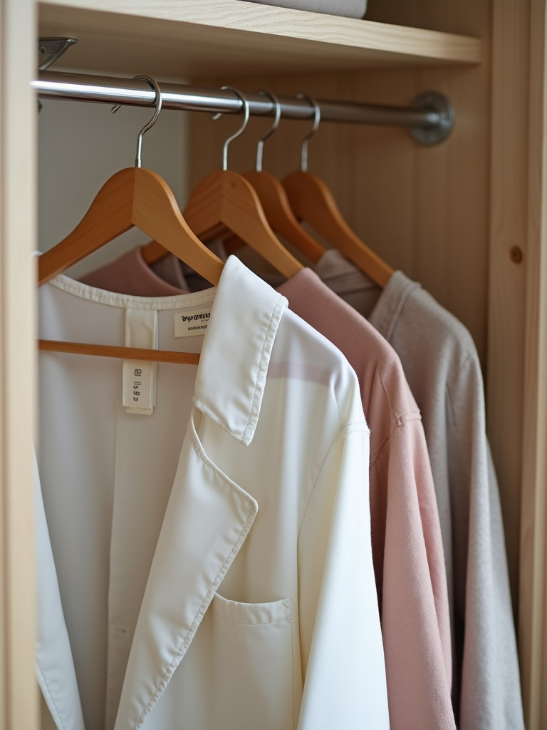 A minimalist bedroom closet featuring identical wooden hangers and neatly hung clothing, well-lit with even lighting