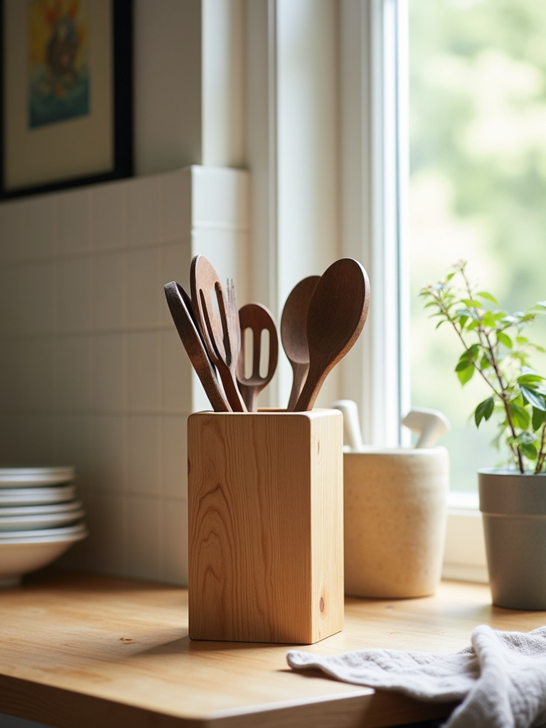 A wooden utensil holder with kitchen tools in a small cottage kitchen, lit with natural light.