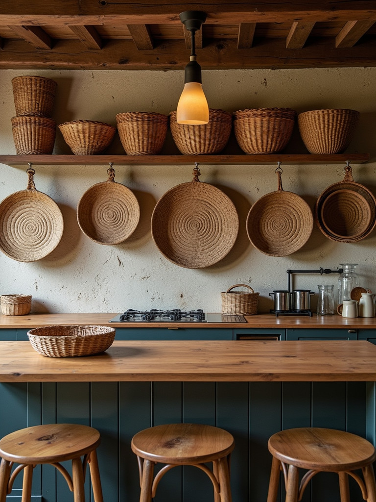 Rustic kitchen with a collection of woven baskets on the wall.