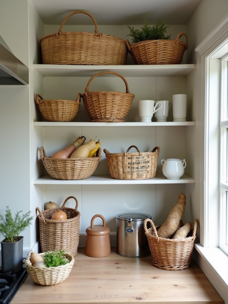 Various woven baskets holding kitchen items on open shelves in a small cottage kitchen with soft, natural light.