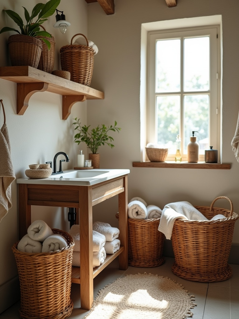 A rustic bathroom with woven baskets used for storage