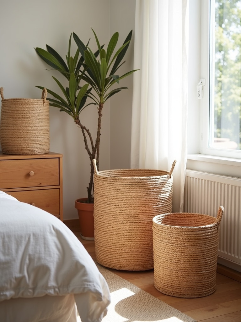A variety of woven storage baskets in a bedroom, placed near a bed and dresser