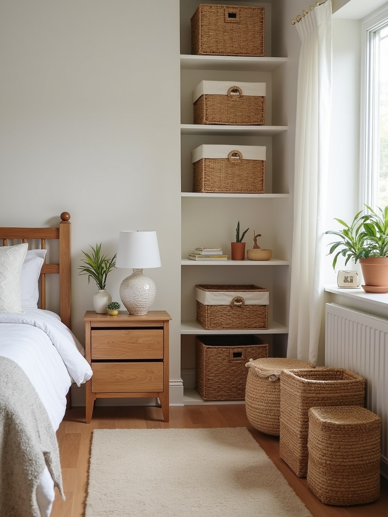  A cozy bedroom featuring woven storage baskets to create an organized and inviting space.