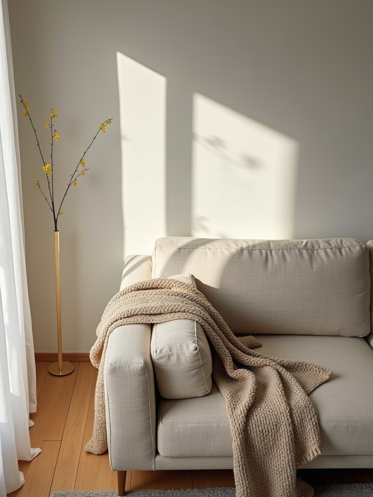 A soft woven throw blanket on the corner of a minimal sofa