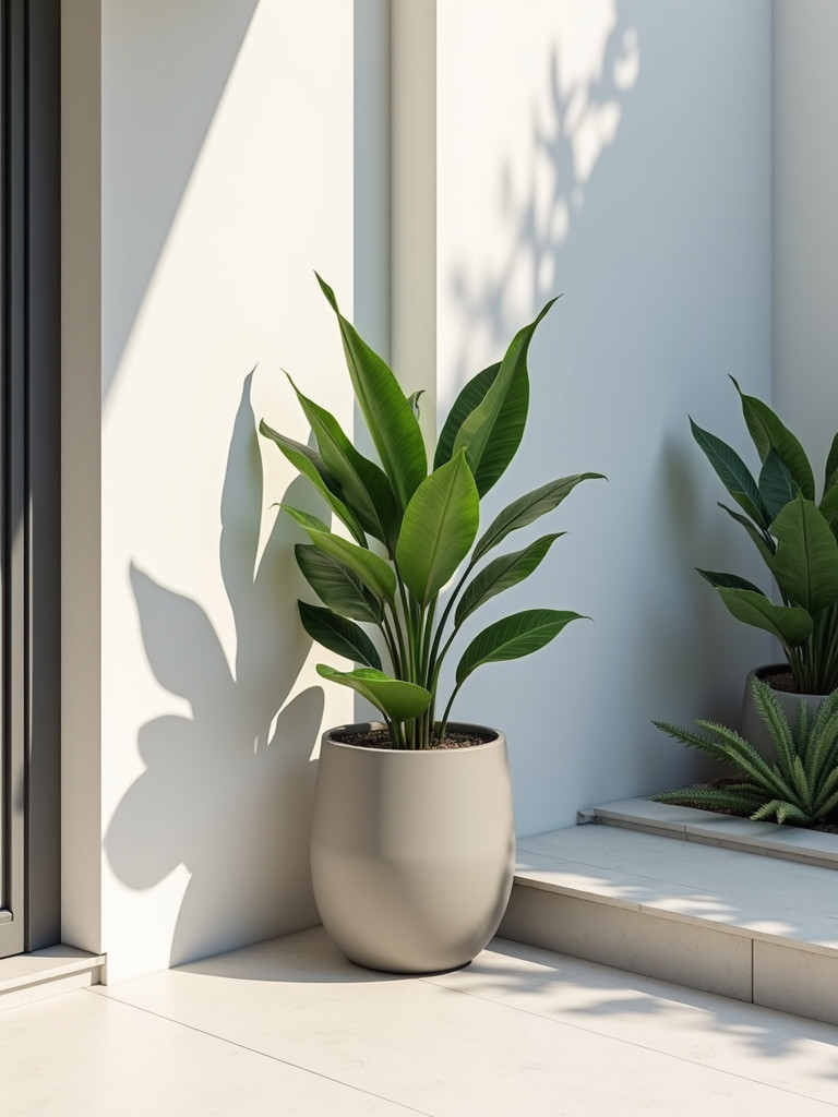 A patio corner with a ZZ plant under soft, indirect light