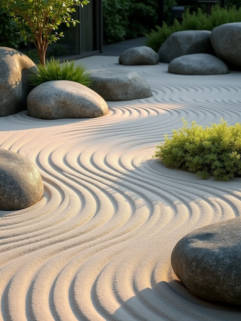 A Zen garden with raked sand and rocks