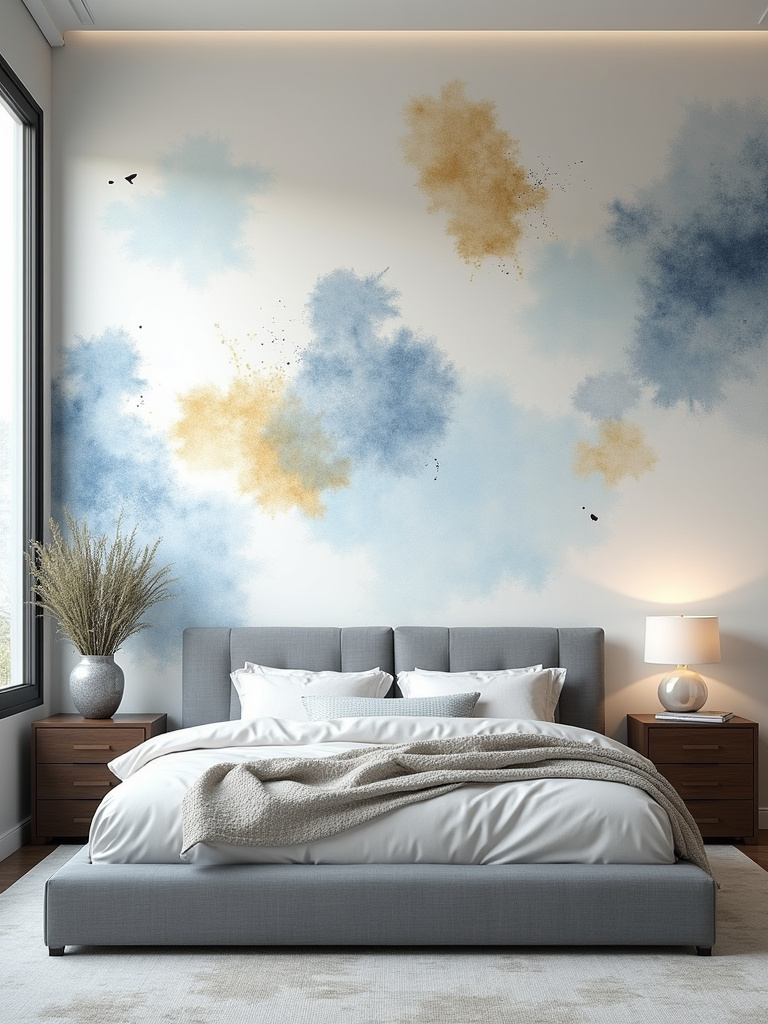 A modern bedroom featuring a light-toned abstract patterned wallpaper with blue and gold splashes, complemented by modern gray furniture and bathed in even natural light from a large window.