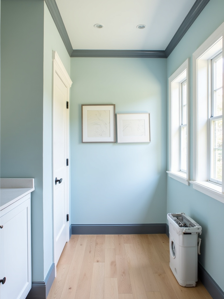 “Well-defined laundry room with accent trim details, featuring light blue walls, crisp white door and window trim, dark gray baseboards, white cabinets, and soft natural light.”