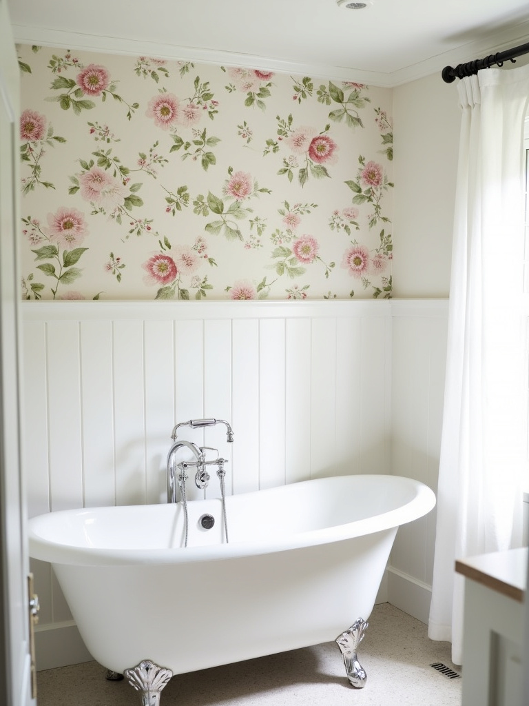 Farmhouse bathroom with a floral accent wallpaper wall behind a freestanding tub, creating a focal point and adding visual interest.