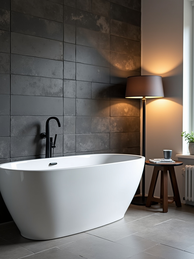 Modern bathroom with a dark gray slate tile accent wall behind a freestanding bathtub.