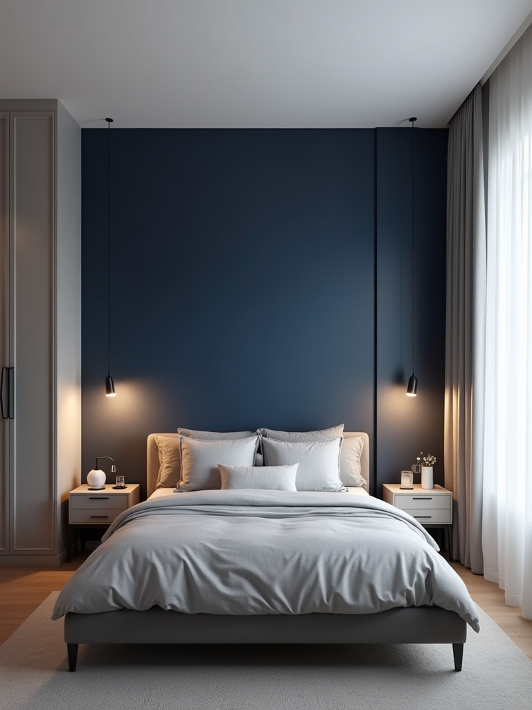 Modern bedroom with a navy blue accent wall behind the bed.