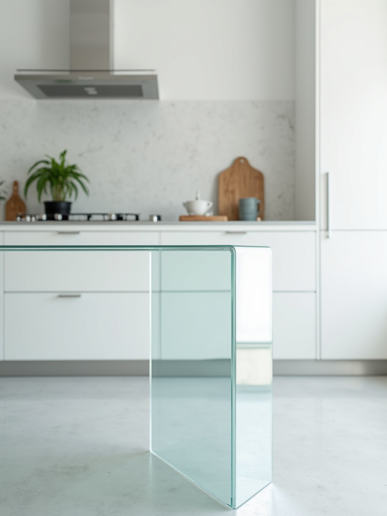 Acrylic waterfall edge kitchen table in a minimalist ultra-modern kitchen.