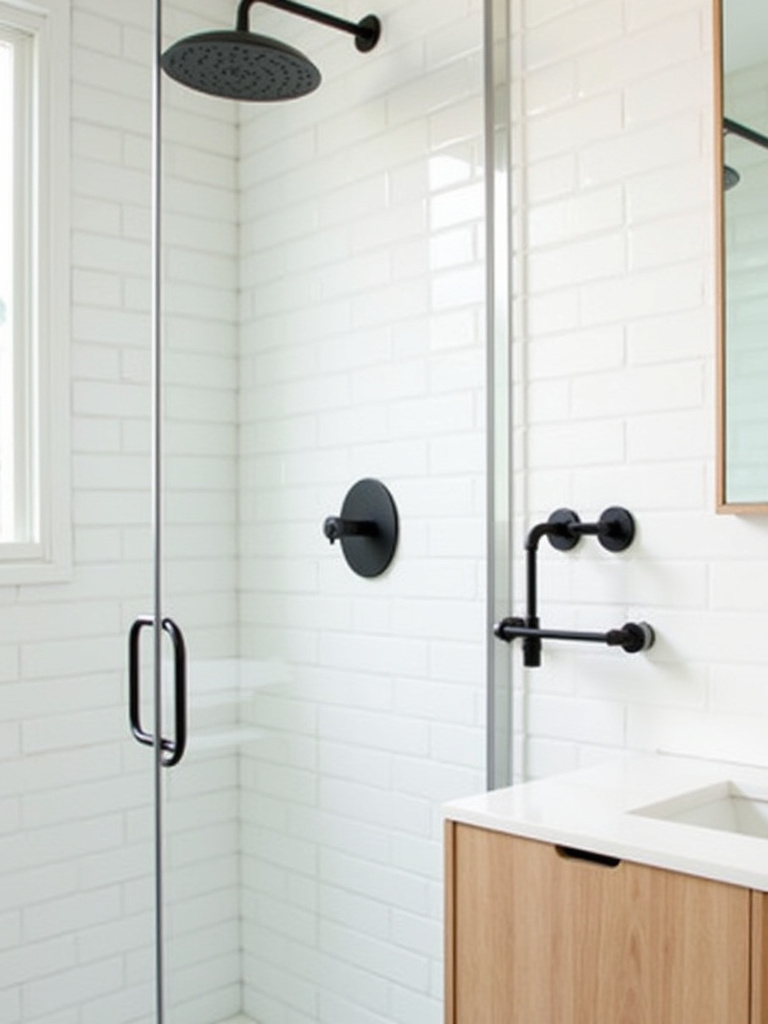Minimalist bathroom featuring a decorative matte black towel bar and hooks set beside the shower, adding functionality as stylish wall decoration.