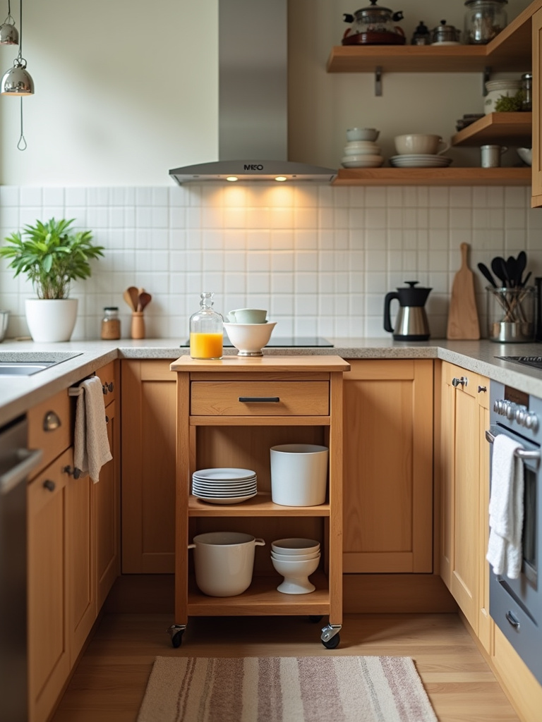 “Wooden rolling kitchen cart with drawers and shelves in a small kitchen, providing mobile storage and extra countertop space, enhancing kitchen functionality.”