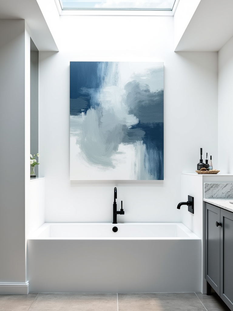 Modern bathroom featuring a large abstract canvas art piece with bold brushstrokes in blue, gray, and white, adding a modern flair to the wall decoration.