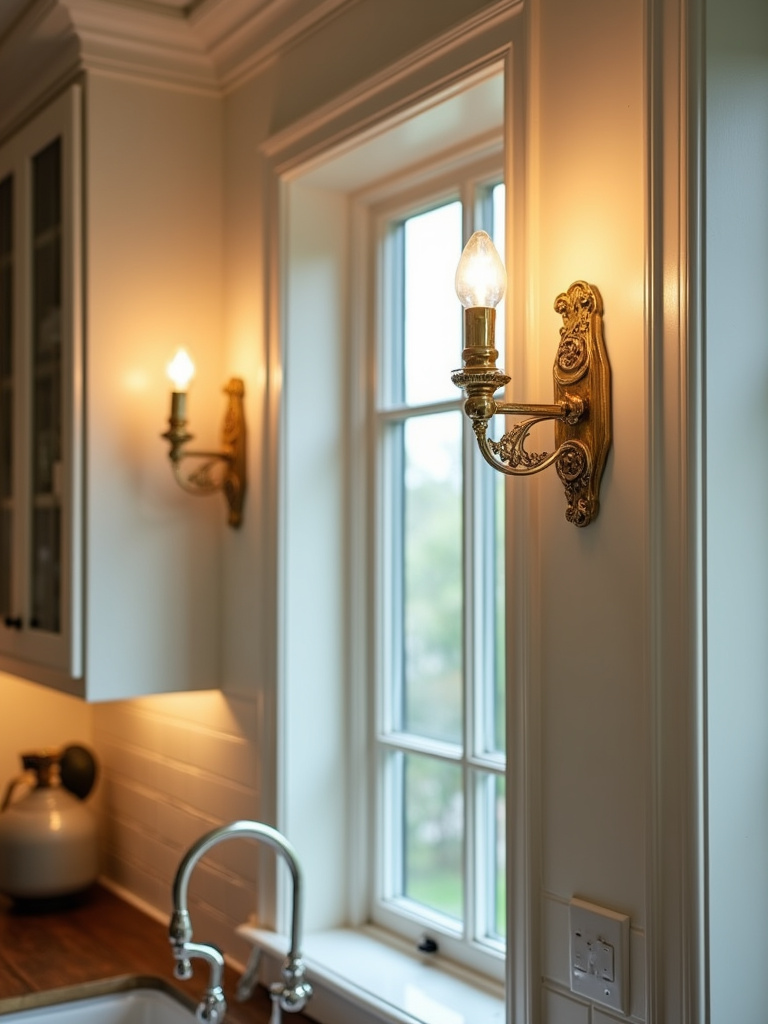 Traditional kitchen wall with elegant brass sconce lighting.