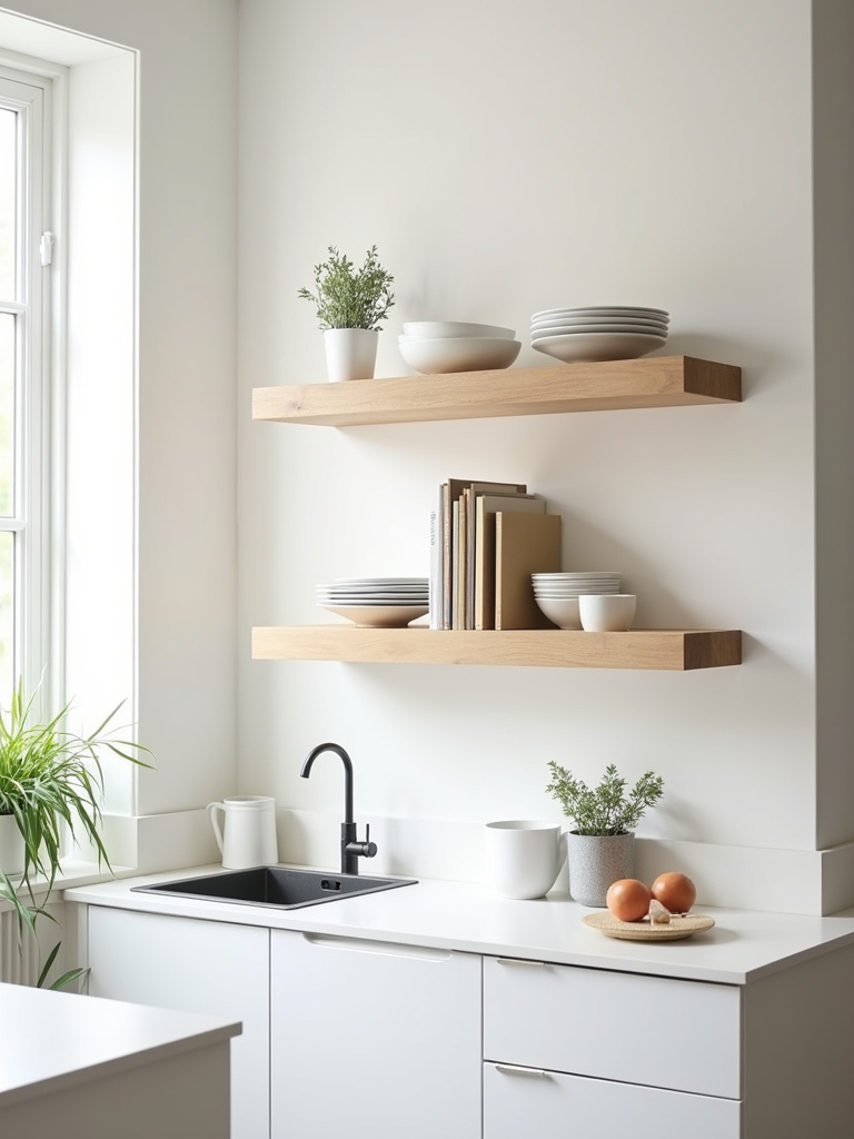 “Light wood floating shelves mounted on a white wall in a small kitchen, displaying dishes, herbs, and cookbooks, adding stylish and space-saving open storage.”
