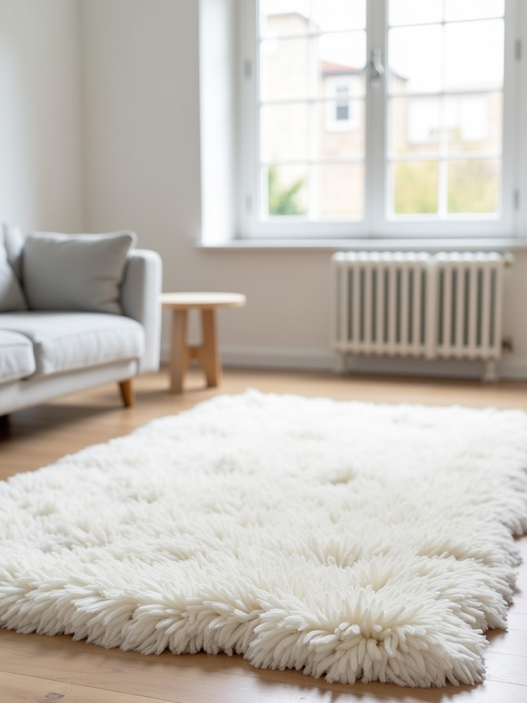 Scandinavian living room with a thick white shag rug adding texture and softness.