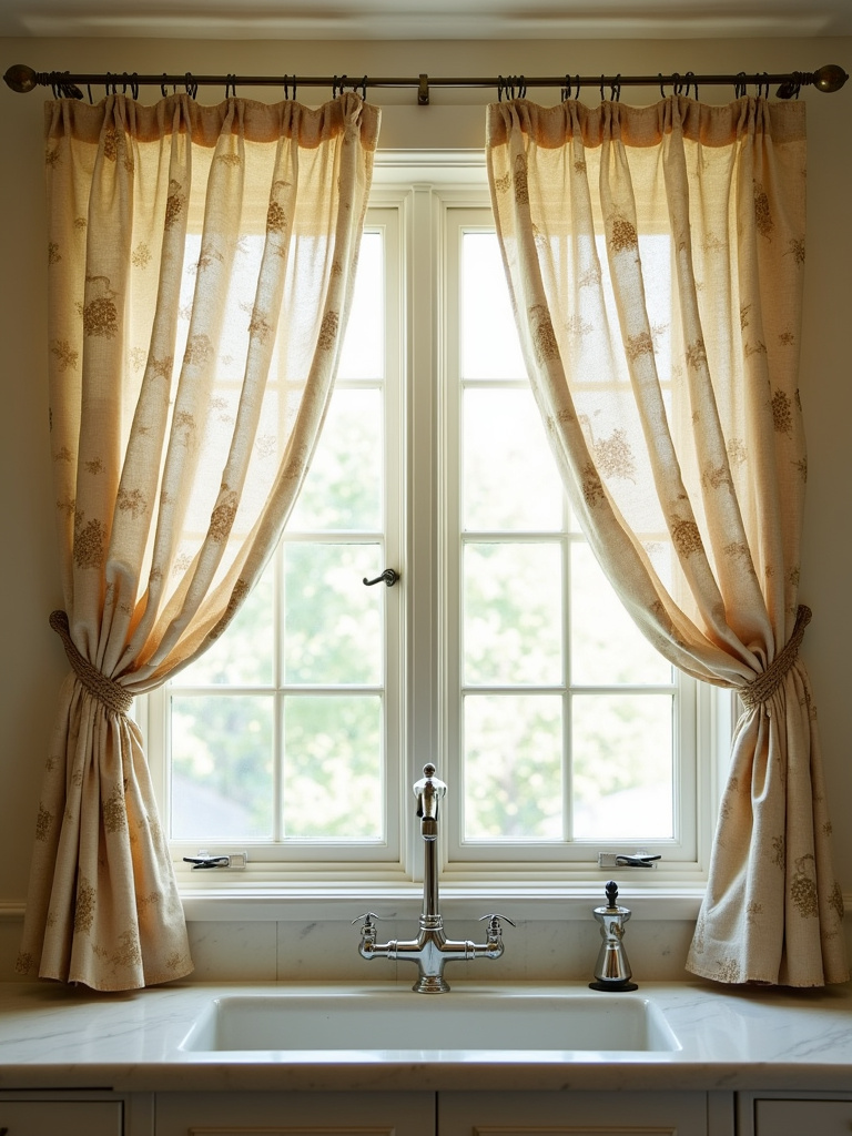 Traditional kitchen windows with soft fabric curtains in a classic pattern.