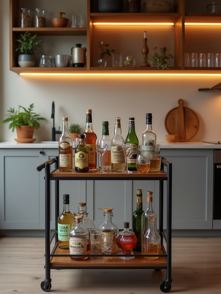 A modern kitchen featuring a well-stocked bar cart.