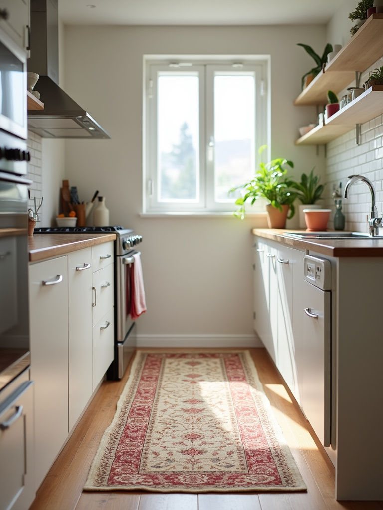 A kitchen featuring a patterned rug in front of the counter.