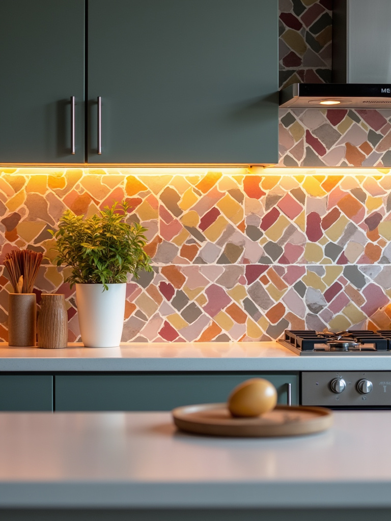 A modern kitchen with a vibrant, colorful backsplash.