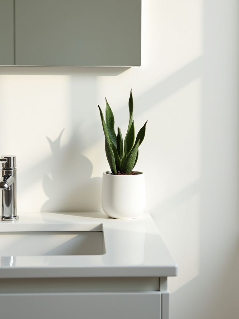 Minimalist bathroom vanity with a single snake plant in a white pot.