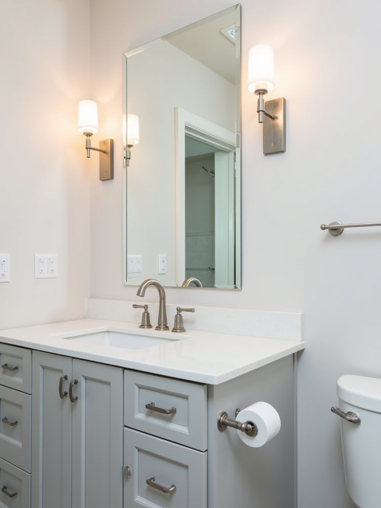 Functional bathroom with adjustable arm vanity sconces for focused task lighting.