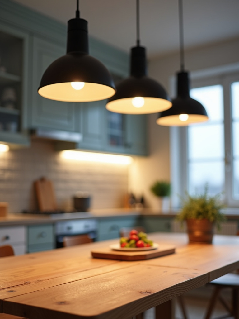 Modern kitchen with several adjustable height pendant lights.