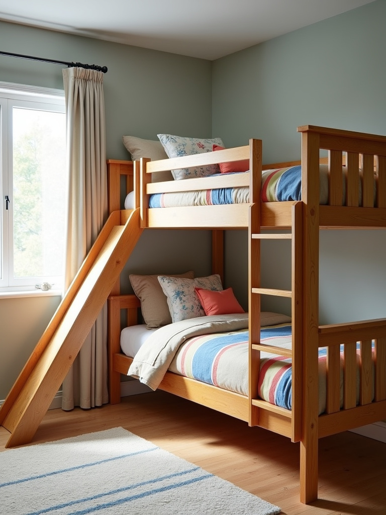 Kids bedroom with wooden bunk beds and a fun slide.