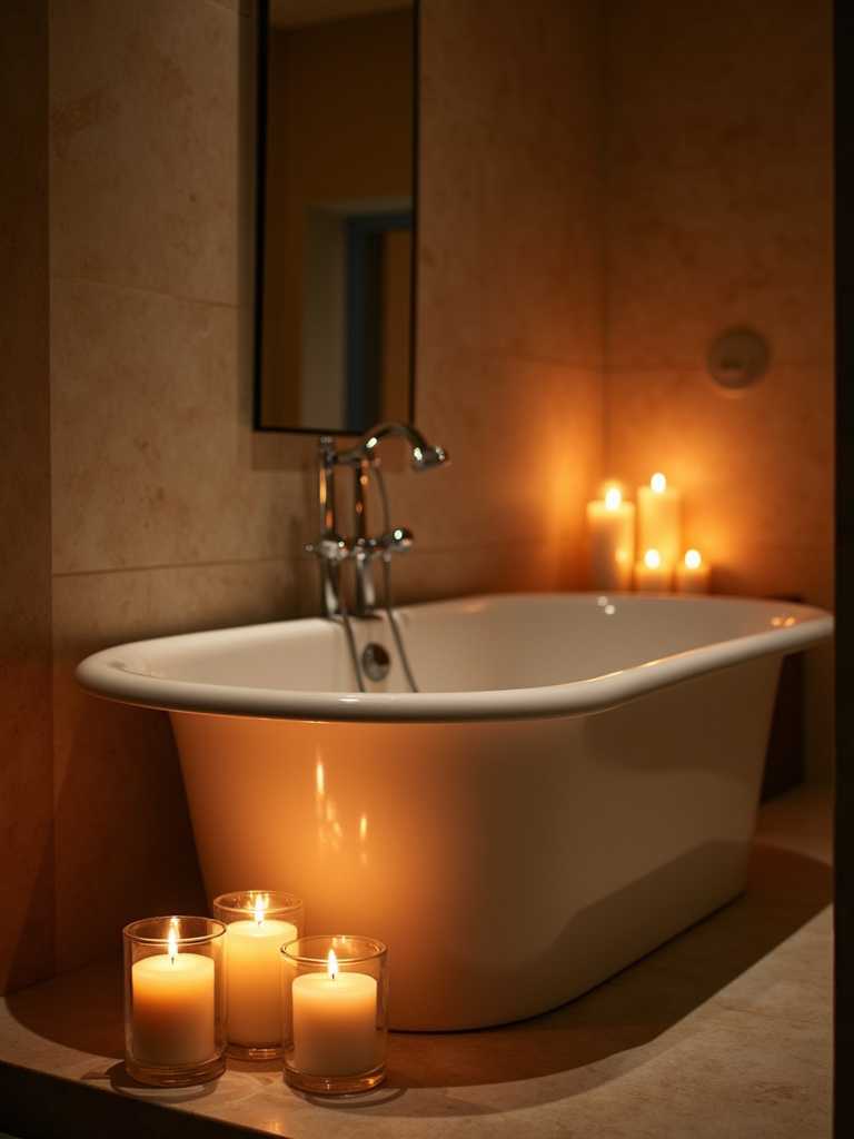 Spa-like bathroom bathed in soft candlelight, with pillar and votive candles surrounding a freestanding bathtub.