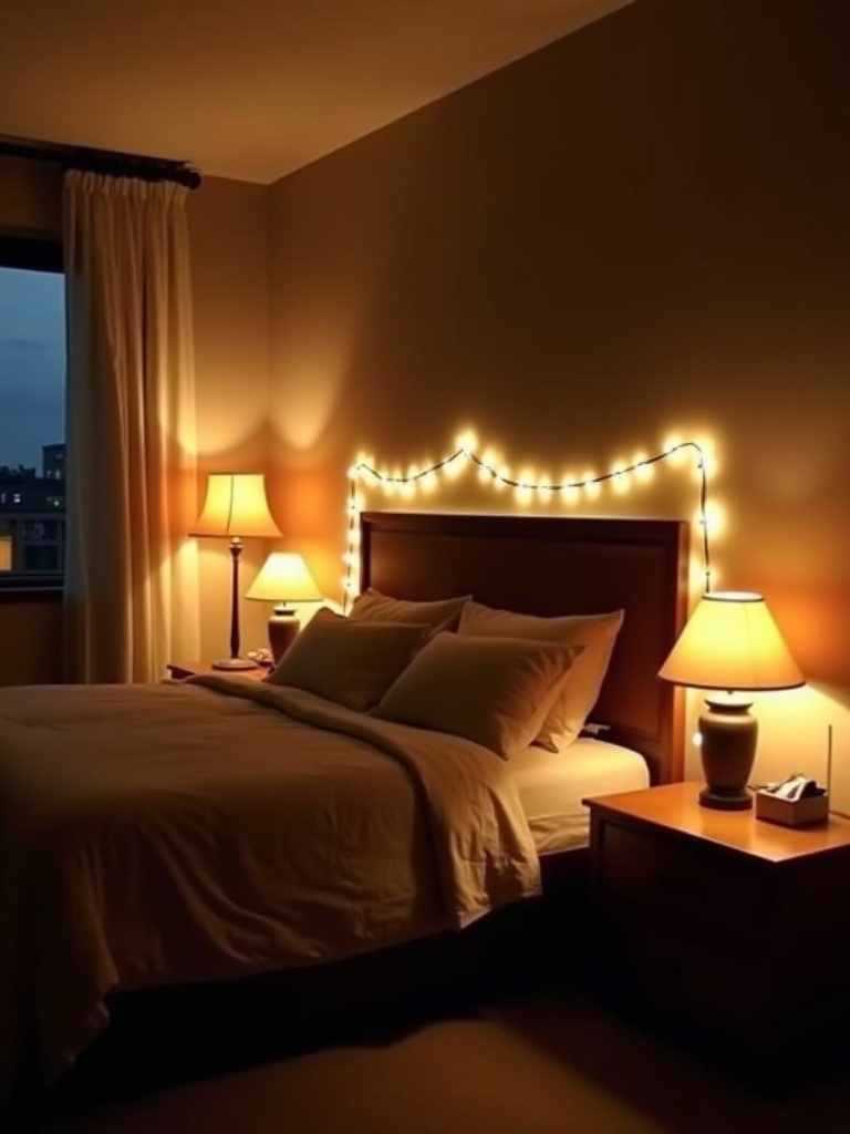 Bedroom with layered ambient lighting from table lamps, floor lamp, and string lights.