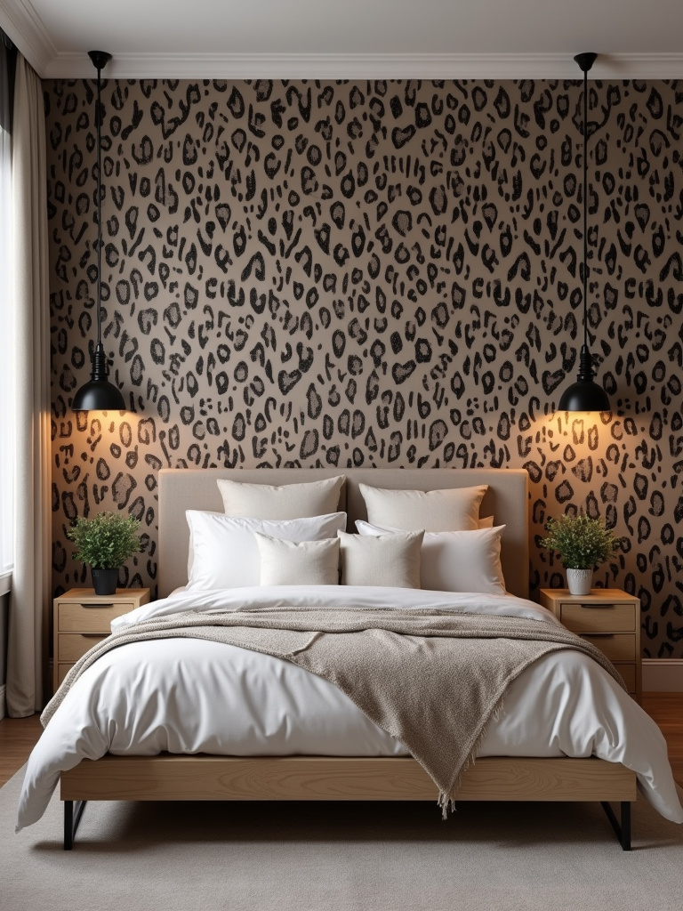 A chic bedroom that features taupe and black leopard print wallpaper, paired with a mid tone, light wood bed frame, light colored neutral bedding, and black accent lighting all bathed in natural light from the window.