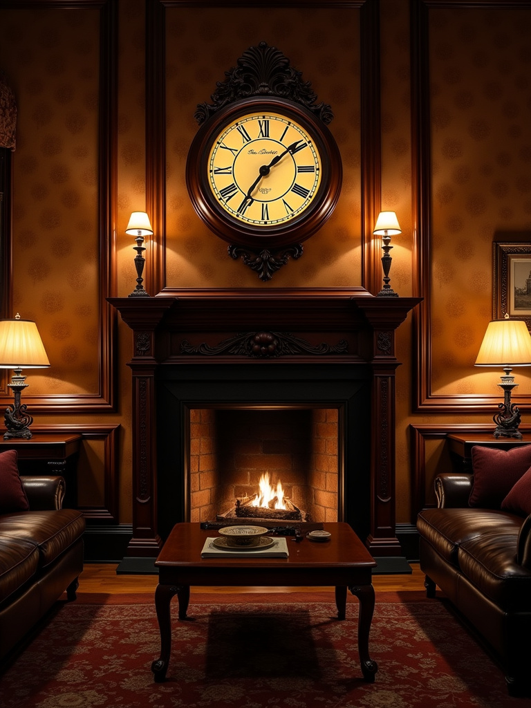 Classic traditional living room with a large ornate antique wall clock above a fireplace mantel.
