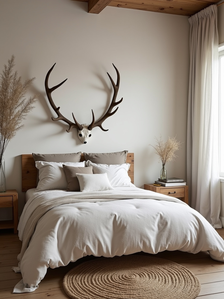 Rustic bedroom featuring antler decorations.