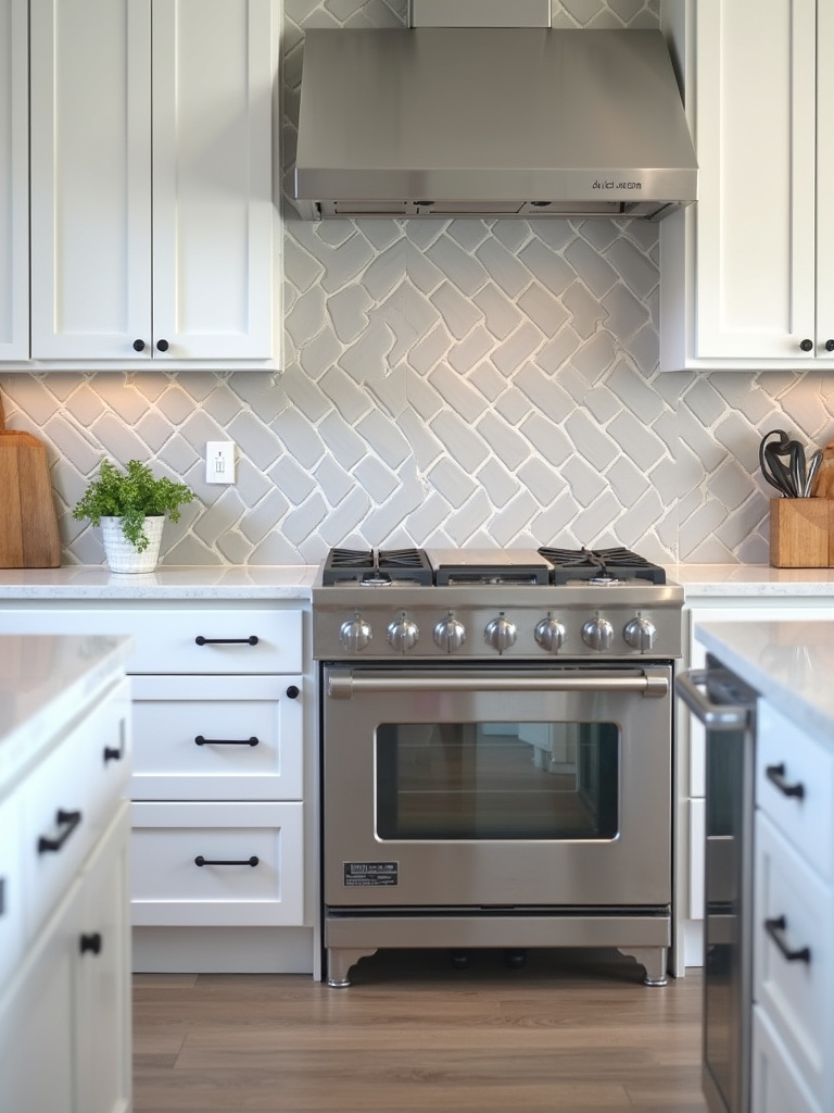 A modern kitchen with light grey arabesque tiles in a full tiling pattern, creating a unique decorative surface on the wall.