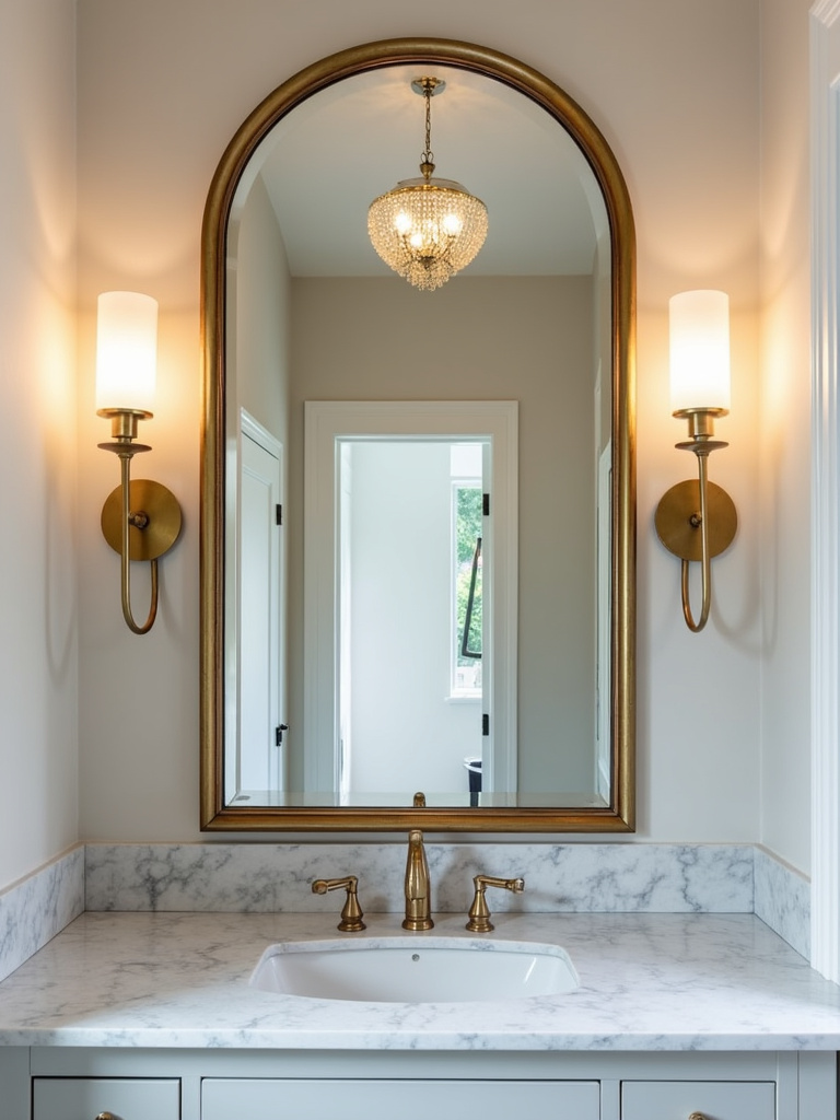Elegant bathroom with a large arched mirror above a marble vanity, adding a touch of sophistication.