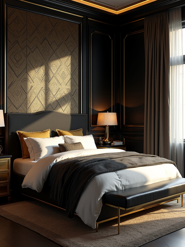 An opulent Art Deco bedroom with a black and gold geometric wallpaper, a plush velvet headboard, gold metal accents, all softly lit with a warm ambient glow.