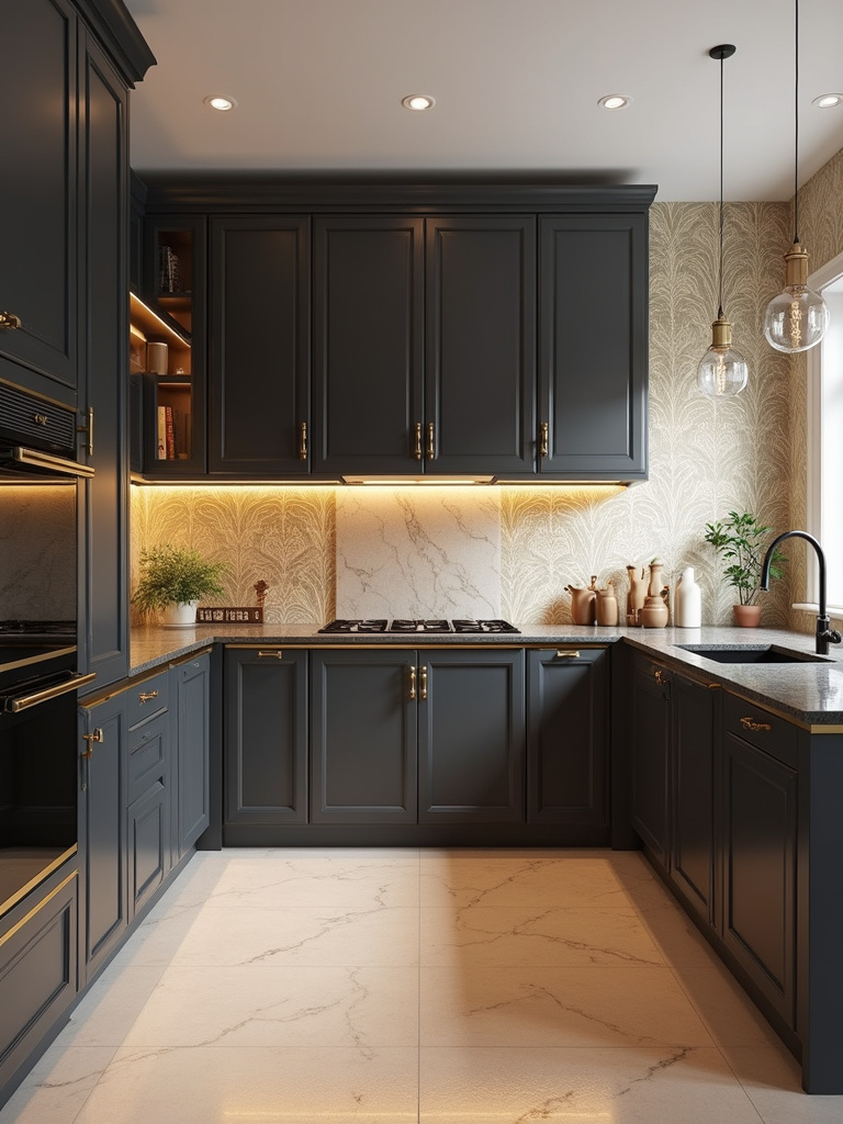 An elegant kitchen design that draws on the timeless beauty of an Art Deco patterned wallpaper.