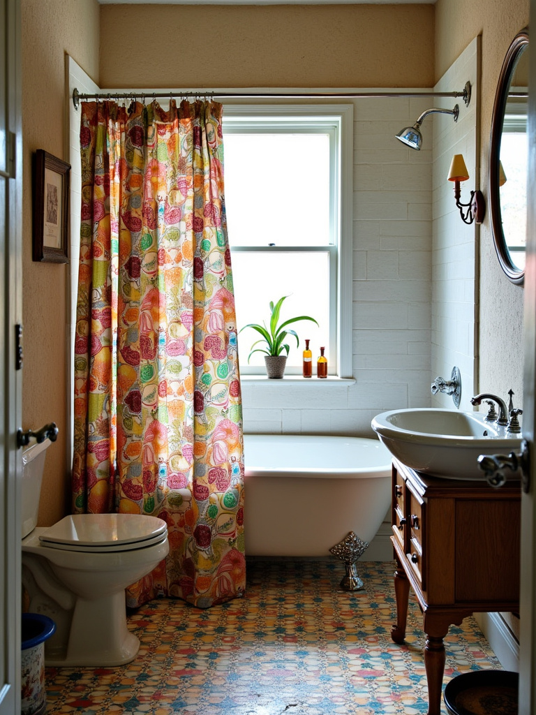 Eclectic bathroom featuring a bold patterned shower curtain, colorful tiles, and vintage accessories.
