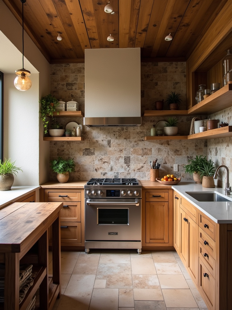 A rustic and unique kitchen with hand crafted tiles that show variations in color, texture, and size across the entire backsplash.